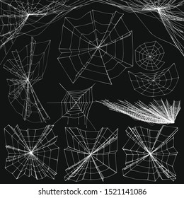 Set of Cobweb, isolated on black background. For Halloween design. Spider web elements,spooky, scary, horror decor.