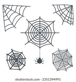 A set of cobwebs and a hanging spider. Design for Halloween party, stickers, posters, holiday, decoration, design object, banner. Happy halloween