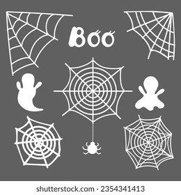 A set of cobwebs and hanging spider and ghosts. Design for Halloween party, stickers, posters, holiday, decoration, design object, banner. Happy halloween