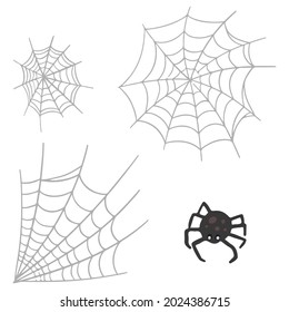 Conjunto de telaraña y telaraña. Ilustraciones vectoriales dibujadas a mano. Clásicos planos de colores aislados en blanco. Elementos para el diseño de halloween, impresiones, decoración, tarjeta, pegatina.