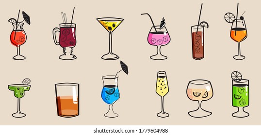 Set cockails tropical summer alcoholic drinks beverages. Mojito, Blue Lagoon, Margarita, Pina Colada, Daiquiri. Vector icons isolated cartoon style illustration