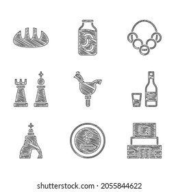 Coloca el chupete de Cockerel, el rublo, la moneda del rublo, el mausoleo de Lenin, el vodka de la botella con vidrio, la campana del zar, el ajedrez, los bagels rusos y el icono del pan. Vector