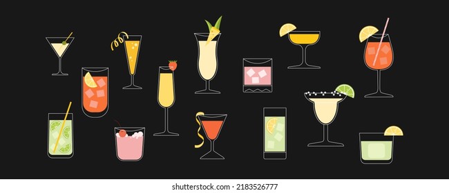 Set of cockles for an aperitif. Cold drinks for celebration. Alcohol in glasses in retro style isolated. Symbol for restaurant or bar menu. Flat style vector illustration