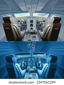 Set of cockpit day and night. Airplane cockpit view with panel buttons, dashboard control and pilot's chair with pilots. Airplane pilots cabin. Cartoon vector illustration.