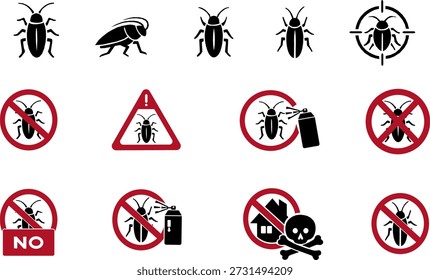 Set of cockroach and anti cockroach vector icons. Silhouette pest control symbols and hygiene warning signs for UI, apps, signage, packaging, sanitation, infographic, and public health design.