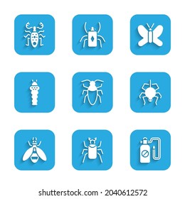 Set Cockroach, Beetle bug, Pressure sprayer, Spider, Larva insect, Butterfly and deer icon. Vector