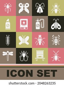 Set Cockroach, Beetle deer, Butterfly, Clothes moth, Book about insect, Spray against insects, Spider and Pressure sprayer icon. Vector