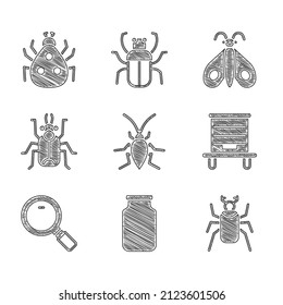 Set Cockroach, Glass jar, Beetle bug, Hive for bees, Magnifying glass, Butterfly and Ladybug icon. Vector