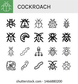 Set of cockroach icons such as Bug, Ant, Moth, Stink bug, Ladybug, Madagascar hissing cockroach, Larva, Cockroach, Pheidole, Stonefly, Worm, Bed bug, Louse, Insect ,