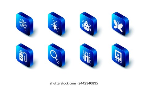 Set Cockroach, Ladybug, Butterfly, Book about insect, Beetle, Magnifying glass, Pressure sprayer and Mosquito icon. Vector