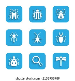 Set Cockroach, Magnifying glass, Dragonfly, Beetle deer, Ladybug, Spider, Clothes moth and  icon. Vector
