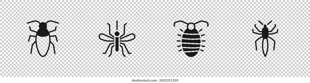Set Cockroach, Mosquito, Larva insect and Spider icon. Vector