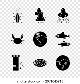 Set Cockroach, Runny nose, Medicine bottle and pills, Reddish eye allergic conjunctivitis, Crab and Man having headache icon. Vector