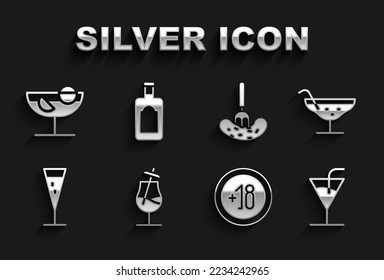 Set Cocktail, Alcohol 18 plus, Glass of champagne, Pickled cucumber on fork,  and Whiskey bottle icon. Vector