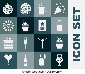 Set Cocktail and alcohol drink, Cake, Mulled wine, Firework, Classic dart board arrow and Greeting card icon. Vector