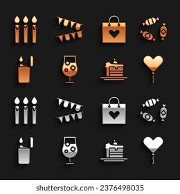 Set Cocktail and Alcohol Bebé, Candy, Balloon form of heart, Cake, Lighter, Shopping bag with, Birthday cake velas and Carnival garland Flag icon. Vector
