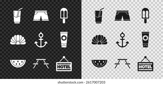 Set Cocktail and alcohol drink, Swimming trunks, Ice cream, Watermelon, Picnic table with benches, Signboard text Hotel, Scallop sea shell and Anchor icon. Vector