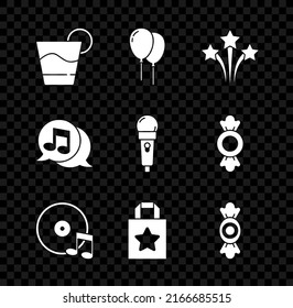 Set Cocktail, Balloons with ribbon, Firework, Vinyl disk, Paper shopping bag, Candy, Musical note speech bubble and Microphone icon. Vector