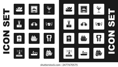 Set Cocktail, Binoculars, Captain of ship, Sinking cruise, Poker table, Cruise, Life jacket and Passport icon. Vector