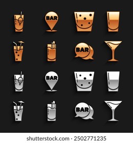 Set Cocktail Bloody Mary, Glass with water, Martini glass, Street signboard Bar, of rum,  and Alcohol bar location icon. Vector