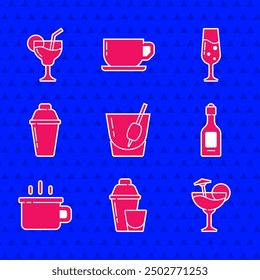 Set Cocktail Bloody Mary, shaker, Champagne bottle, Coffee cup, Glass champagne and  icon. Vector