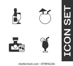 Set Cocktail, Champagne bottle and glass, Whiskey and Coconut cocktail icon. Vector
