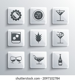 Set Cocktail, Champagne bottle, Hop, Glass of cognac or brandy, whiskey, Bottle cap and Martini glass icon. Vector