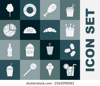 Set Cocktail, Chicken nuggets, leg in package box, Taco with tortilla, Pizza, Cotton candy and Croissant icon. Vector