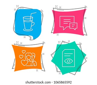 Set of Cocktail, Comment and Couple icons. View document sign. Fresh beverage, Talk bubbles, Valentines day. Open file.  Flat geometric colored tags. Vivid banners. Trendy graphic design. Vector