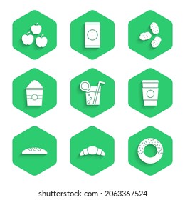 Set Cocktail, Croissant, Donut, Coffee cup to go, Bread loaf, Popcorn in box, Chicken nuggets and Apple icon. Vector