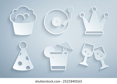 Set Cocktail, Crown, Party hat, Glass of champagne, Vinyl player with disk and Muffin icon. Vector