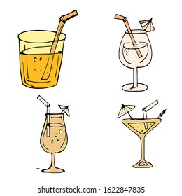 Set of cocktail drink icon , handdrawn in doodle style design  