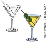 Set of cocktail drink and olive in glass vector illustration. Glass drink symbol vector illustration	