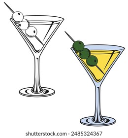 Set of cocktail drink and olive in glass vector illustration. Glass drink symbol vector illustration	