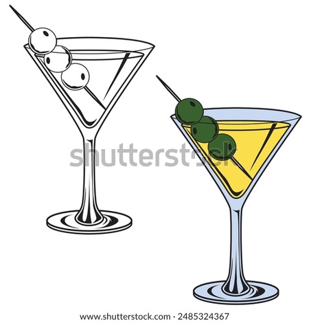 Set of cocktail drink and olive in glass vector illustration. Glass drink symbol vector illustration	