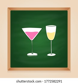 set of cocktail drink on green chalkboard background