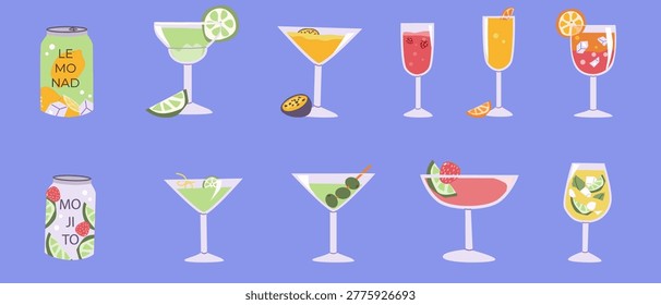 Set of cocktail drinks and beverage cans in flat cartoon style. Includes mojito, lemonade, and various cocktails - martini, spritz, margarita, mimosa, kir, pornstar martini and other drinks.