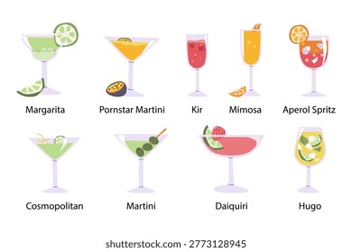 Set of cocktail drinks in flat cartoon style. Includes Margarita, Pornstar Martini, Kir, Mimosa, Aperol Spritz, Cosmopolitan, Martini, Daiquiri, and Hugo. Ideal for party invitations, bar menus, and f