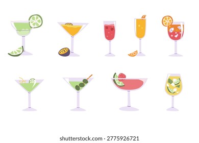 Set of cocktail drinks in flat vector style. Includes various colorful cocktails with garnishes like fruits and herbs. Various cocktails - martini, spritz, margarita, mimosa, kir, pornstar martini and