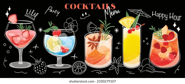 Set of cocktail drinks special promotions design. Alcohol beverage, fresh yummy drinks, sparkling water, summer juice in different glasses. Classic cocktail vector for advertisement, menu, poster.