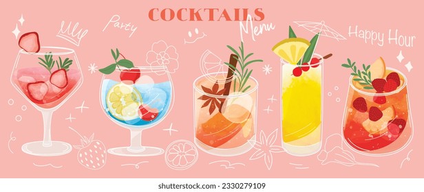 Set of cocktail drinks special promotions design. Alcohol beverage, fresh yummy drinks, sparkling water, summer juice in different glasses. Classic cocktail vector for advertisement, menu, poster.