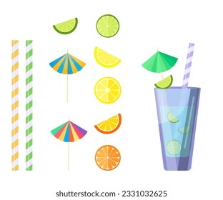 Set for a cocktail, freshly squeezed juices. Fruits, glass, straws, cocktail umbrellas Vector illustration