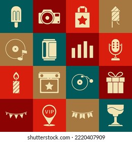 Set Cocktail, Gift box, Microphone, Paper shopping bag, Beer can, Vinyl disk, Ice cream and Music equalizer icon. Vector