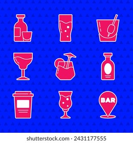 Set Cocktail, Glass of beer, Alcohol bar location, drink Rum, Coffee cup to go, Wine glass, Bloody Mary and  icon. Vector