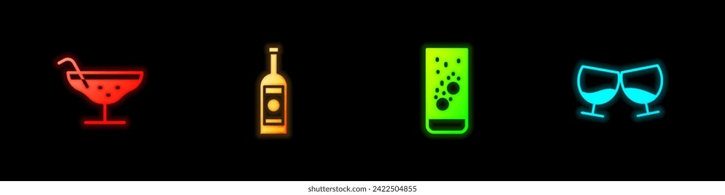 Set Cocktail, Glass bottle of vodka, Effervescent tablets in water and cognac or brandy icon. Vector