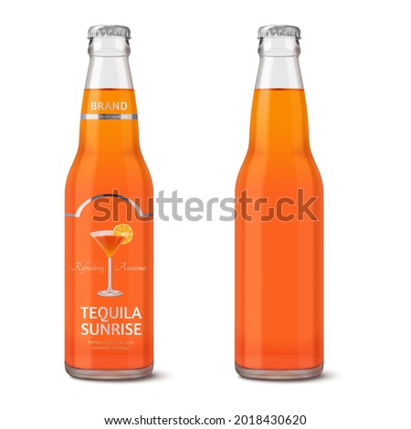 Set of cocktail glass bottles isolated on white background. One bottle mock-up with label and the other without. 3d illustration.