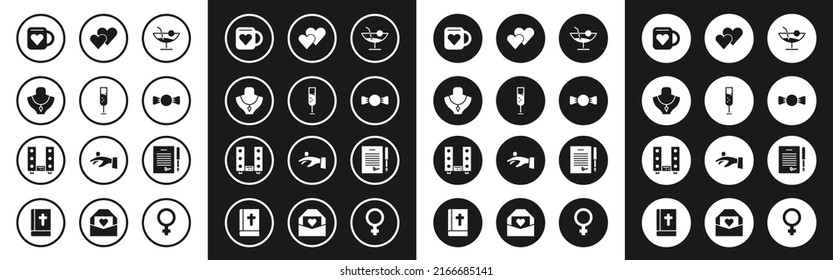 Set Cocktail, Glass of champagne, Necklace on mannequin, Coffee cup and heart, Bow tie, Heart, Marriage contract and Home stereo with two speakers icon. Vector