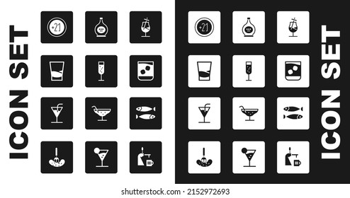 Set Cocktail, Glass of champagne, vodka, Alcohol 21 plus, whiskey, Bottle cognac or brandy, Dried fish and  icon. Vector