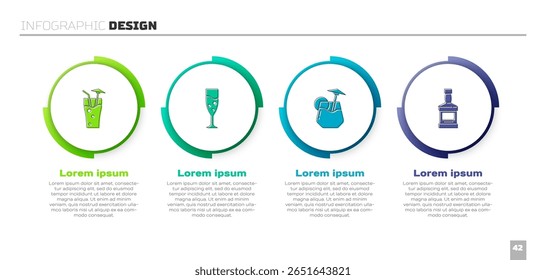 Set Cocktail, Glass of champagne,  and Whiskey bottle. Business infographic template. Vector
