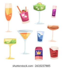 Set of cocktail glass icon. Vector fruity mixed drink with tropical elements. Summer alcohol beverage isolated. Cold refreshment shaker for party or bar. Exotic mocktail for celebration and nightlife.